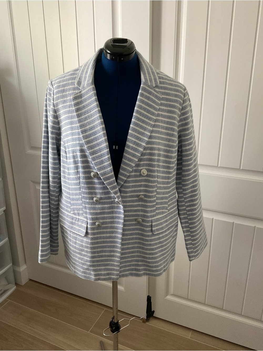 J Jill Women's Double-Breasted Striped Blazer Jacket - Light Blue & White